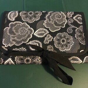 Thirty -One Makeup/Brush Foldable Pouch-Black /White flower